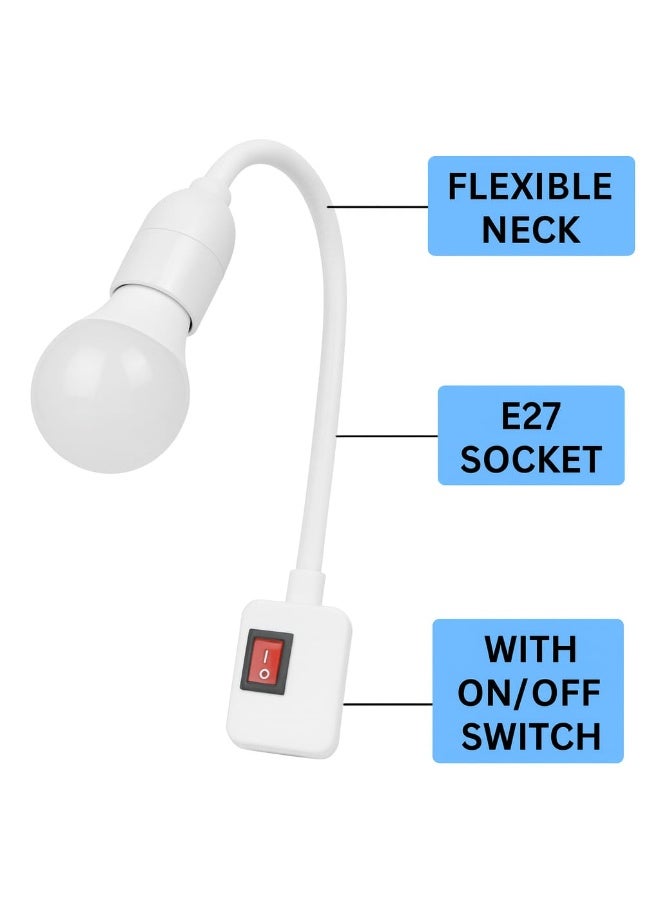 حامل مصباح LED قابل للتركيب بمقبس E27 مع مفتاح تشغيل/إيقاف – ذراع مرن قابل للتعديل للإضاءة في غرفة النوم أو المكتب – أبيض - Image 3