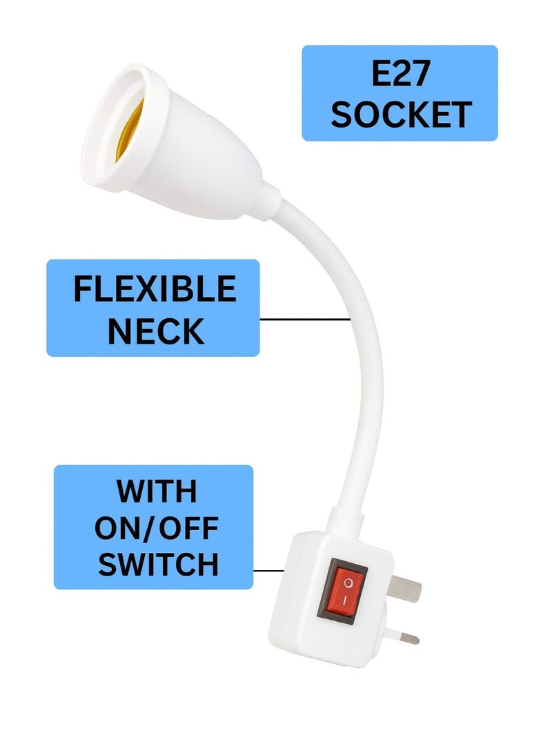 حامل مصباح LED قابل للتركيب بمقبس E27 مع مفتاح تشغيل/إيقاف – ذراع مرن قابل للتعديل للإضاءة في غرفة النوم أو المكتب – أبيض - Image 4