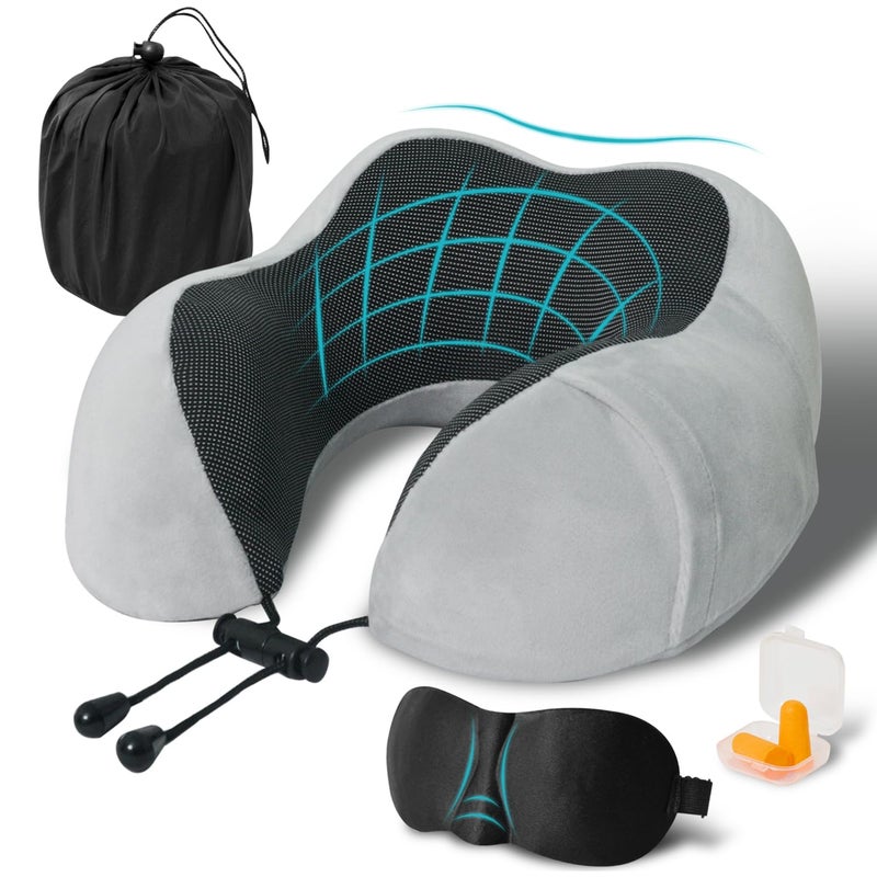 Elvodosia Travel Pillow, Memory Foam Neck Pillow for Traveling, U Shape Neck Pillow Airplane Portable Flight Pillow Travel Kit with 3D Contoured Eye Masks and Earplug for Plane Train Car Home Office - Grey - Image 1