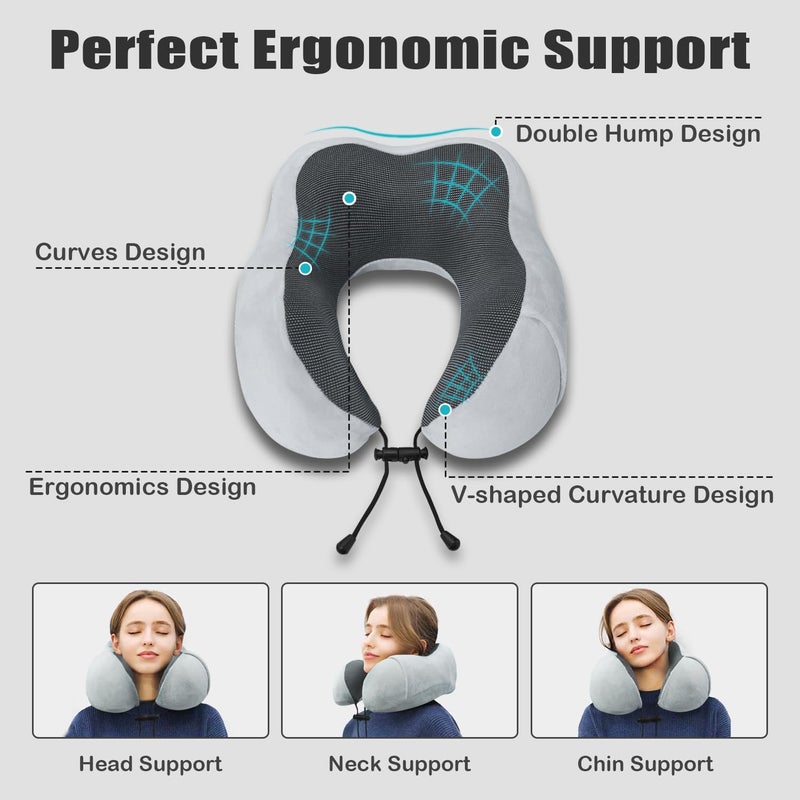 Elvodosia Travel Pillow, Memory Foam Neck Pillow for Traveling, U Shape Neck Pillow Airplane Portable Flight Pillow Travel Kit with 3D Contoured Eye Masks and Earplug for Plane Train Car Home Office - Grey - Image 4