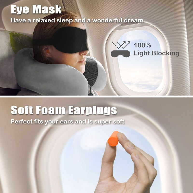 Elvodosia Travel Pillow, Memory Foam Neck Pillow for Traveling, U Shape Neck Pillow Airplane Portable Flight Pillow Travel Kit with 3D Contoured Eye Masks and Earplug for Plane Train Car Home Office - Grey - Image 2