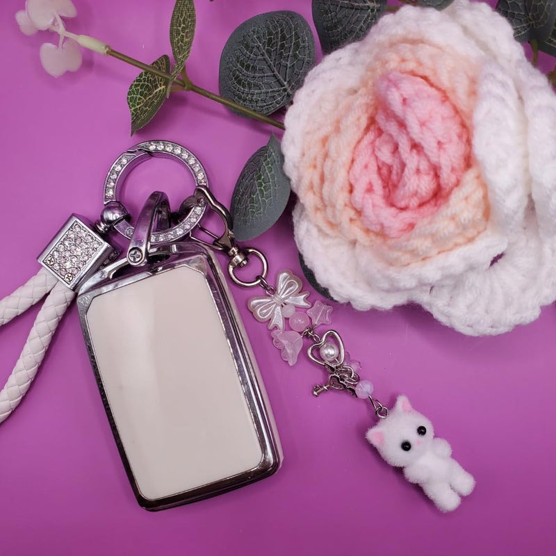 Safe Zone Playpen Cute Keychain, Kitty Cat Otter Decor Gifts for Animal & Anime Lovers, Y2K Heart Bow Pendant, Women Girls Kawaii Bag Charm (Fuzzy White Cat) - Image 3