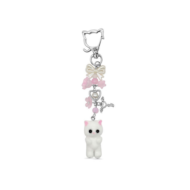 Safe Zone Playpen Cute Keychain, Kitty Cat Otter Decor Gifts for Animal & Anime Lovers, Y2K Heart Bow Pendant, Women Girls Kawaii Bag Charm (Fuzzy White Cat) - Image 1