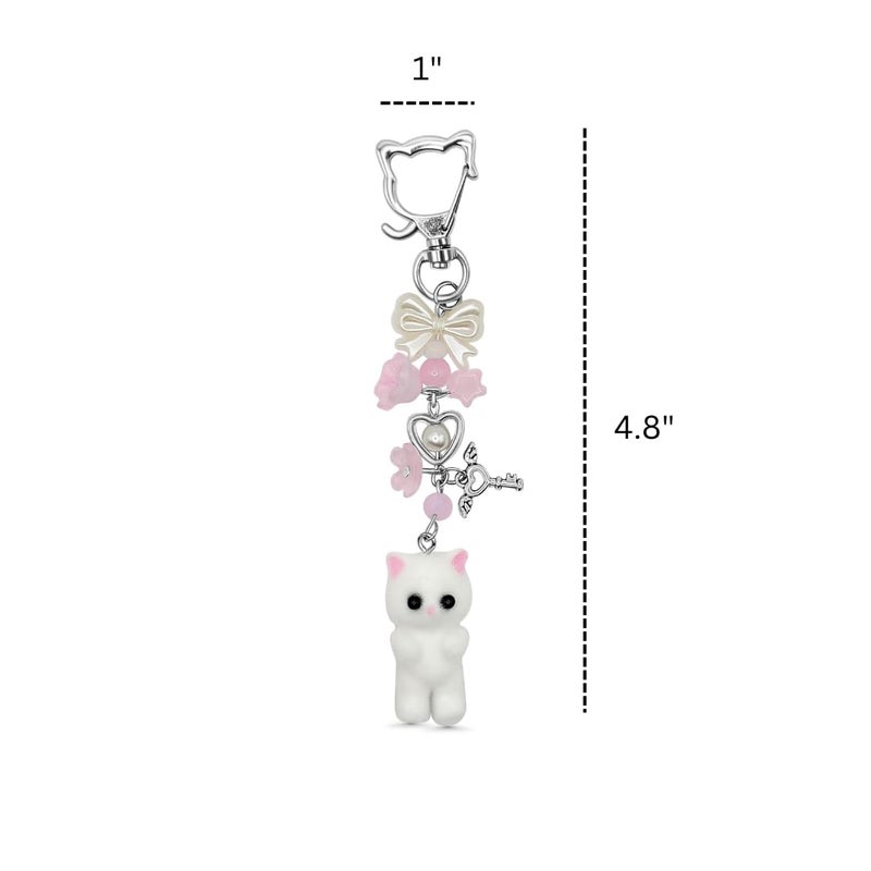 Safe Zone Playpen Cute Keychain, Kitty Cat Otter Decor Gifts for Animal & Anime Lovers, Y2K Heart Bow Pendant, Women Girls Kawaii Bag Charm (Fuzzy White Cat) - Image 2