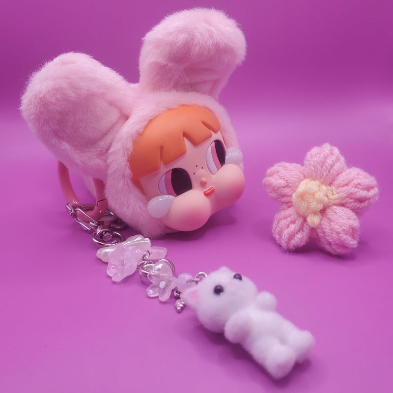 Safe Zone Playpen Cute Keychain, Kitty Cat Otter Decor Gifts for Animal & Anime Lovers, Y2K Heart Bow Pendant, Women Girls Kawaii Bag Charm (Fuzzy White Cat) - Image 5