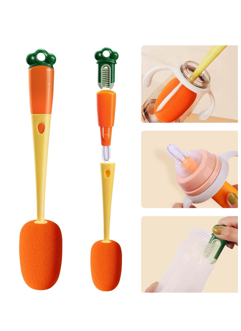 Bottle Brush Cleaner. 3 in 1 Carrot Baby Multifunctional Replaceable Sponge Cleaning Brush for Kitchen Water Bottle Cover Feeding Nozzle Glass Cup Crevice Home Washing Tool - Image 1