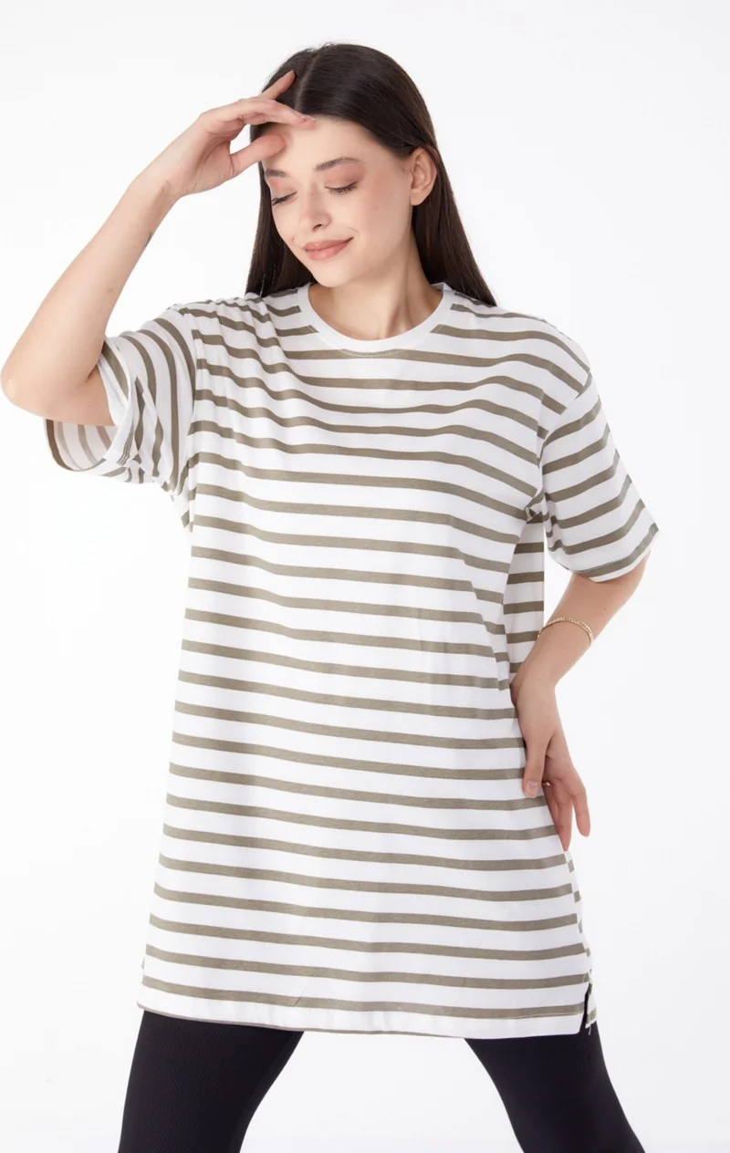 Tofisa Plain Crew Neck Women's Khaki Striped T-Shirt - 25306