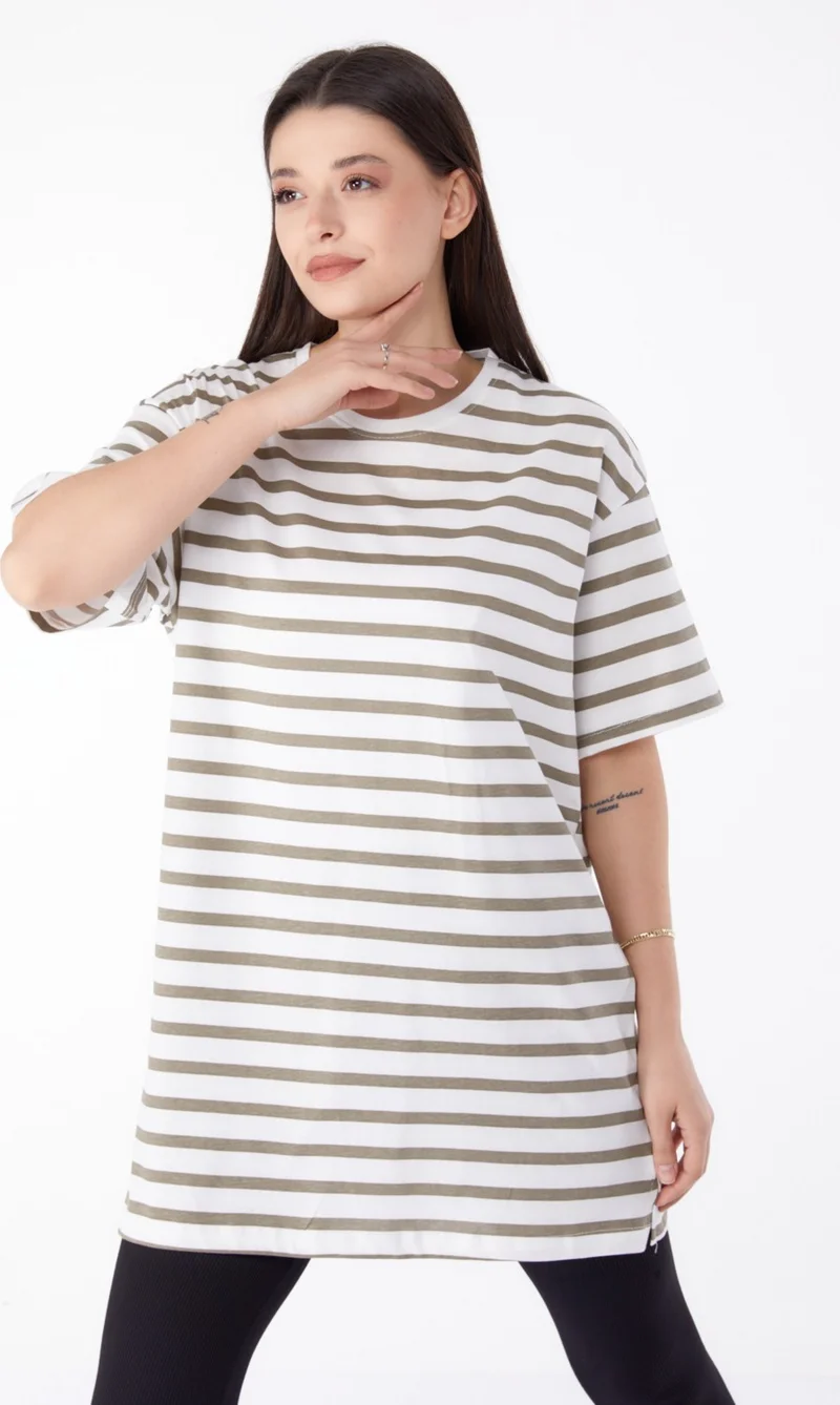 Tofisa Plain Crew Neck Women's Khaki Striped T-Shirt - 25306
