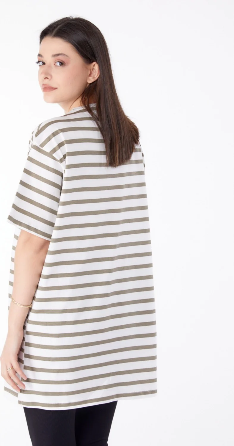 Tofisa Plain Crew Neck Women's Khaki Striped T-Shirt - 25306