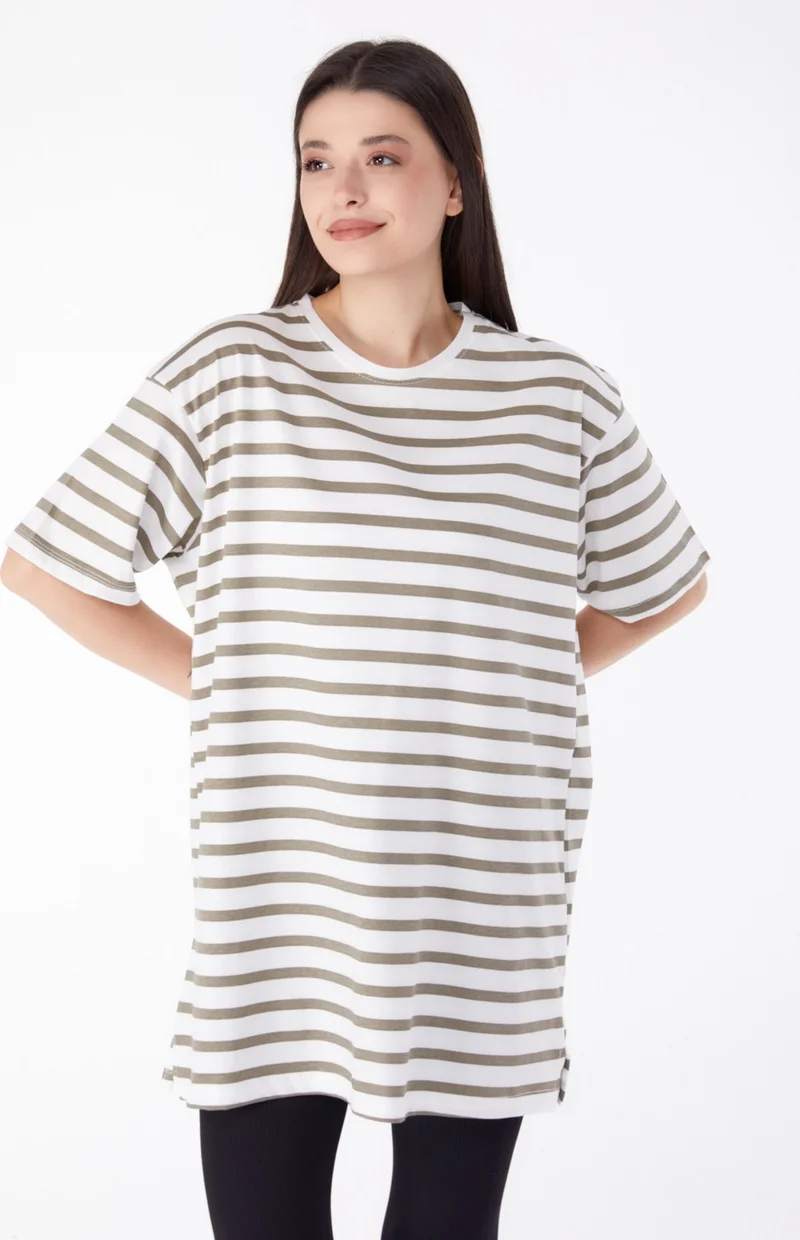 Tofisa Plain Crew Neck Women's Khaki Striped T-Shirt - 25306