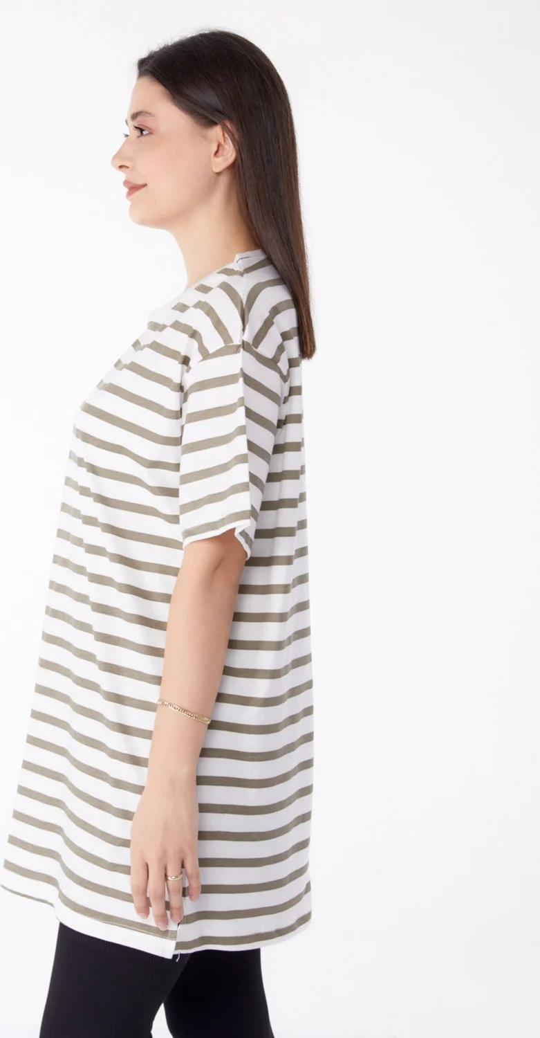 Tofisa Plain Crew Neck Women's Khaki Striped T-Shirt - 25306