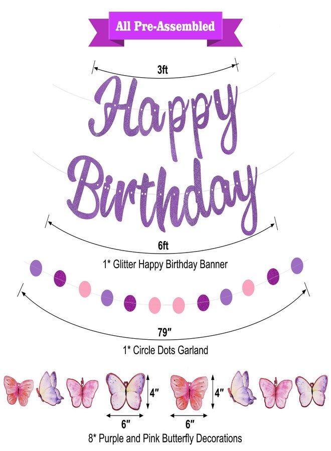 Danadia Pre-Strung Happy Birthday Banner, NO DIY Birthday Decorations with Circle Dot Garland and Butterflies, Happy Birthday Party Decorations for Women Girls (Purple) - Image 2