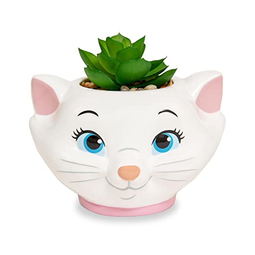 Silver Buffalo Disney The Aristocats Marie 4Inch Ceramic Mini Planter with Artificial Succulent  Cute Small Flower Pot Faux Indoor Plants