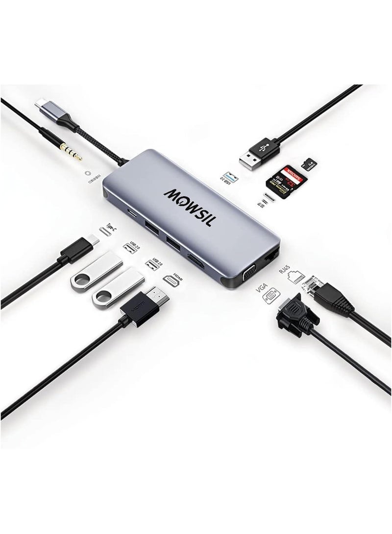 MOWSIL 10 in 1 USB C Hub 4K HDMI and FHD VGA Dual Video Output Type C Hub, PD 100W, Gigabit Ethernet, 3 USB 3.0 Ports, USB C to 3.5mm, SD/TF Slot Multiport Adapter for MacBook Pro/Air 2023, HP, - Image 2