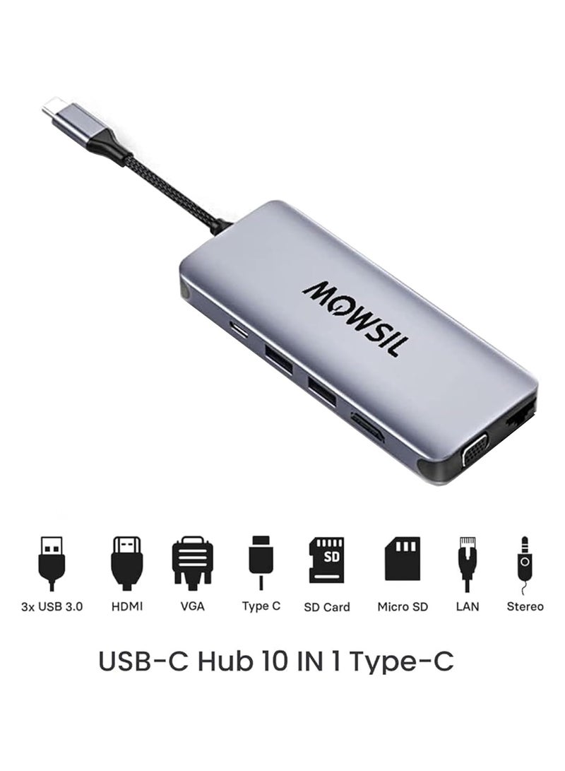MOWSIL 10 in 1 USB C Hub 4K HDMI and FHD VGA Dual Video Output Type C Hub, PD 100W, Gigabit Ethernet, 3 USB 3.0 Ports, USB C to 3.5mm, SD/TF Slot Multiport Adapter for MacBook Pro/Air 2023, HP, - Image 4