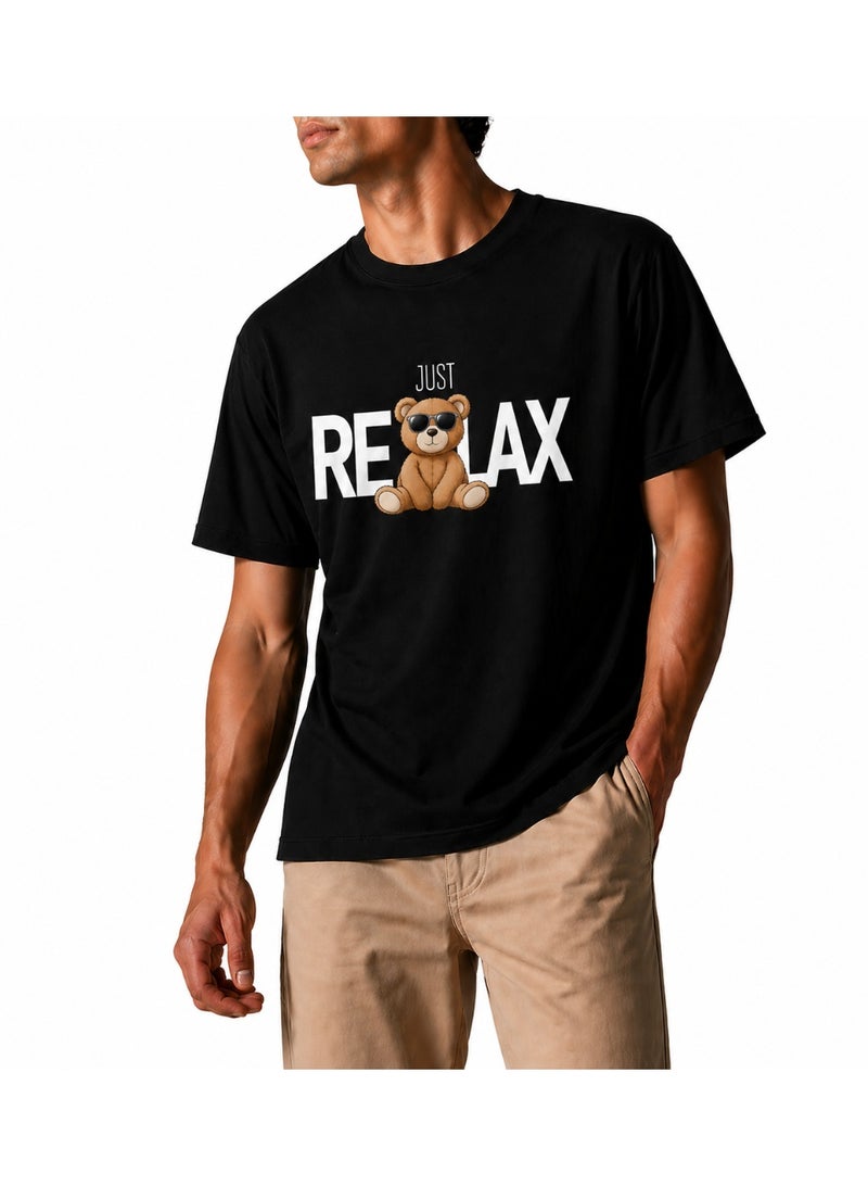 Men's Relax Fit Cotton T-shirt with 'Just Relax' Teddy Bear Print - Black - Image 1