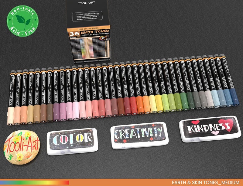 TOOLI-ART 36 Acrylic Paint Pens Skin and Natural Earth Tone Marker Set For Rock Painting, Canvas, Mugs, Glass, Plastic, Wood, Metal, Fabric, Scrapbooking, Most Surfaces. Quick Drying Waterbased (MEDIUM) - Image 2