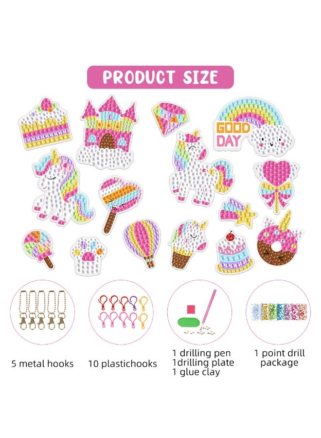 HASTHIP® 15 Pcs 5D Unicorn Diamond Painting Gem Keychain Making Kit, DIY Diamond Art Craft Key Chains Kit for Ages 6-12, with Hooks, Pen, Tray, Multicolor (20X15.5X4Cm) - Image 4