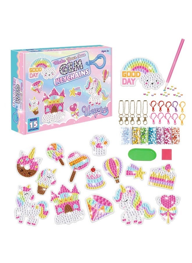 HASTHIP® 15 Pcs 5D Unicorn Diamond Painting Gem Keychain Making Kit, DIY Diamond Art Craft Key Chains Kit for Ages 6-12, with Hooks, Pen, Tray, Multicolor (20X15.5X4Cm) - Image 1