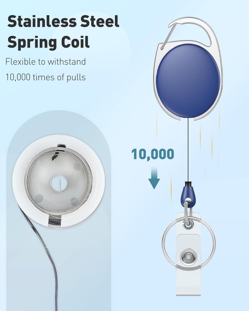 Uniclife 2 Pack Retractable Badge Reel for Badge Holder Blue Heavy Duty Retractable Keychain Strong ABS Casing with Stainless Steel Spring Coil 24 Inch Nylon Rope Carabiner Clip and Key Ring - Image 2