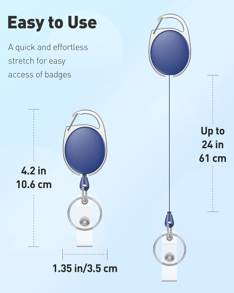 Uniclife 2 Pack Retractable Badge Reel for Badge Holder Blue Heavy Duty Retractable Keychain Strong ABS Casing with Stainless Steel Spring Coil 24 Inch Nylon Rope Carabiner Clip and Key Ring - Image 3