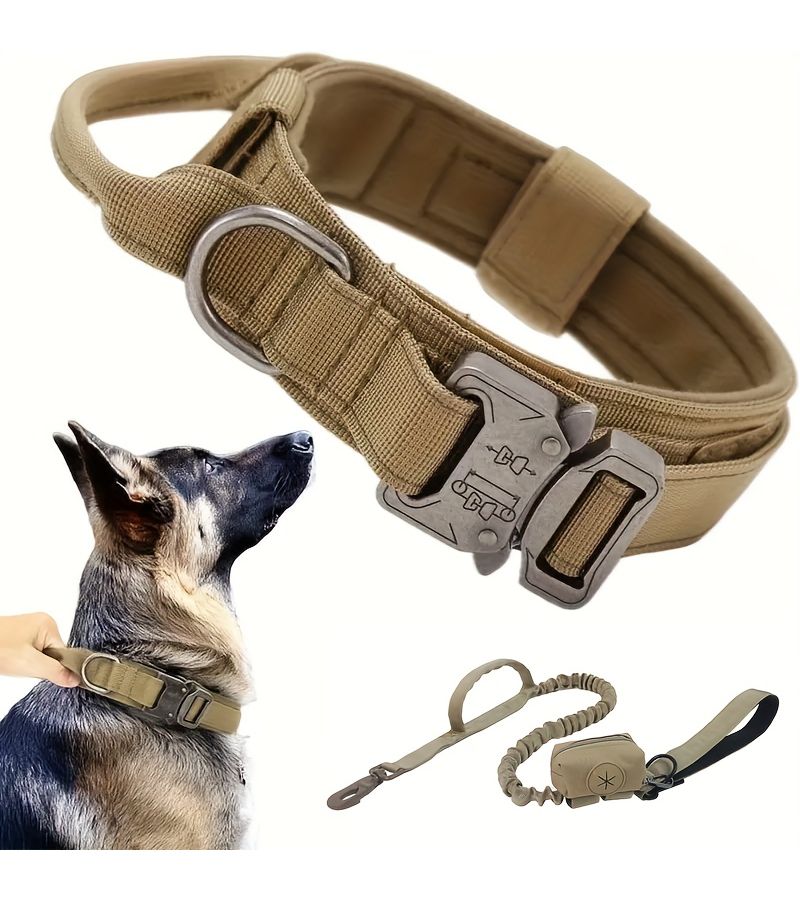 Black XL Tactical Dog Collar with Heavy Duty Metal Buckle and Leash for Medium Large Dogs - Image 1