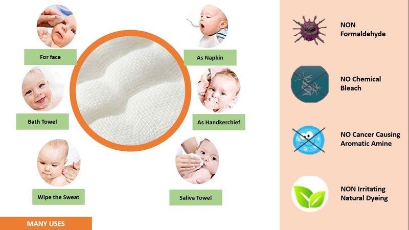 KASSY POP CURATED JUST FOR YOU Baby Muslin Washcloth Cotton Baby Wipes Cum Face Towel, 5 Pack 10x10 inches - White - Image 3