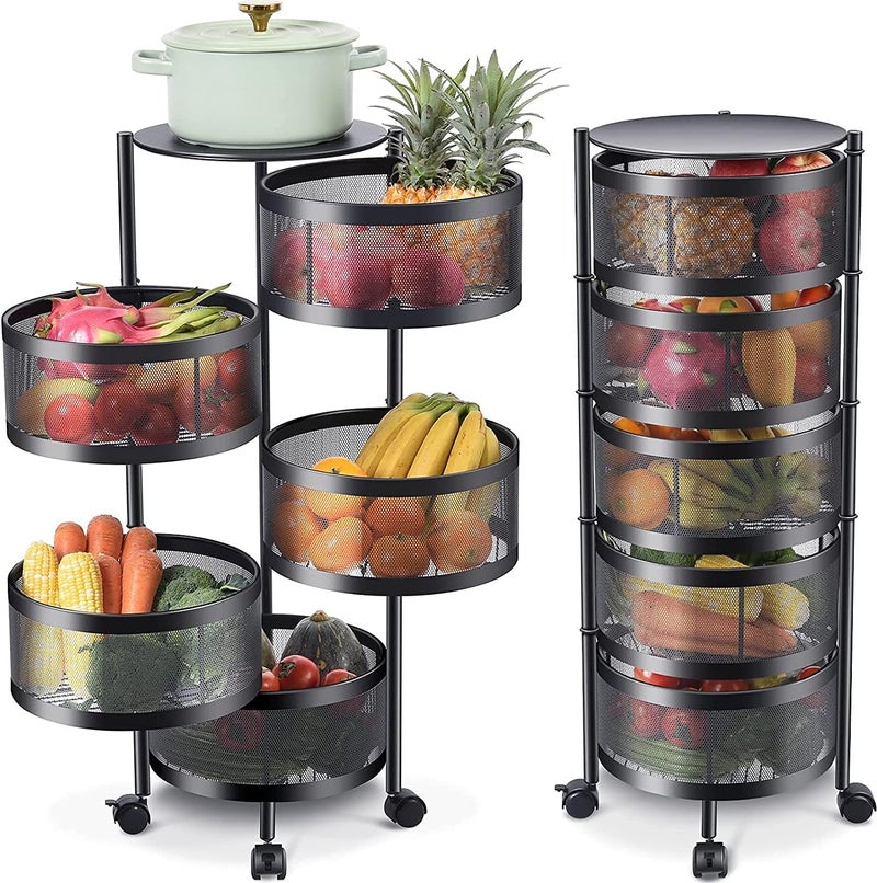 AWH LIYING Multi-Layer Kitchen Storage Shelf, Round Steel Rotating with 4 Movable Wheels, Kitchen Storage for Fruit and Vegetable Floor-Standing(5F Black) - Image 1