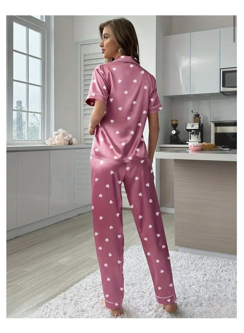 2 Pieces Women Heart Print Satin Pajama set Short Sleeve Sleepwear And Loungewear For Ladies - Image 4