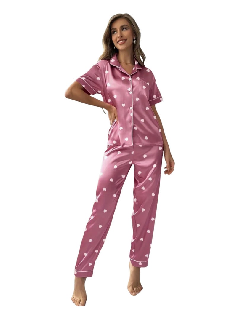 2 Pieces Women Heart Print Satin Pajama set Short Sleeve Sleepwear And Loungewear For Ladies - Image 2