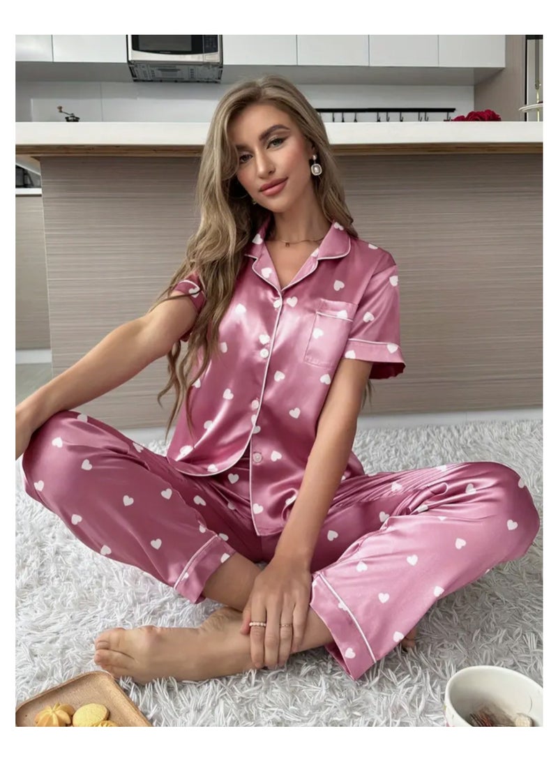 2 Pieces Women Heart Print Satin Pajama set Short Sleeve Sleepwear And Loungewear For Ladies - Image 3