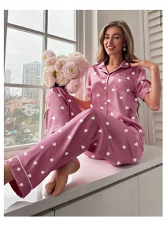Generic 2 Pieces Women Heart Print Satin Pajama set Short Sleeve Sleepwear And Loungewear For Ladies  - Image 5