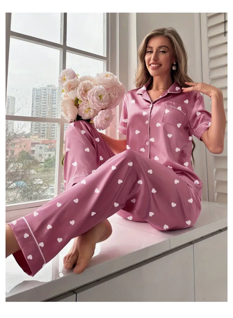 2 Pieces Women Heart Print Satin Pajama set Short Sleeve Sleepwear And Loungewear For Ladies - Image 5