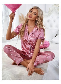 Generic 2 Pieces Women Heart Print Satin Pajama set Short Sleeve Sleepwear And Loungewear For Ladies  - Image 1