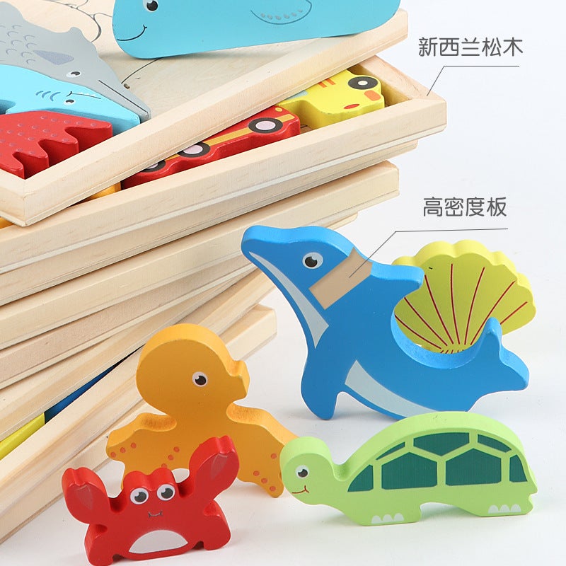Children'S Cartoon Animal Creative Wooden Three-Dimensional Jigsaw Puzzle Animal Hand-Scratch Puzzle Building Blocks Traffic Puzzle - Image 5