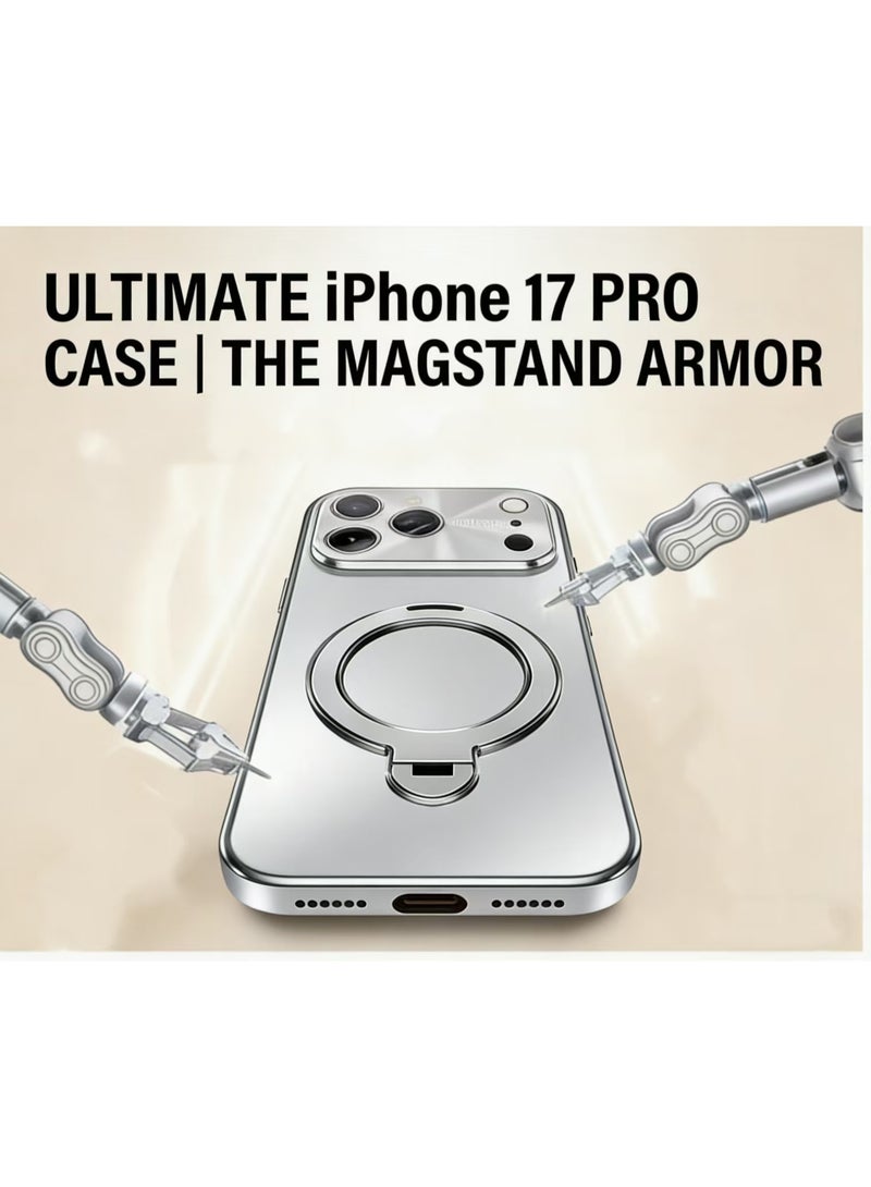 Captaintech iPhone 17 Pro MagSafe Case – Elegant silvery Cover with 360° Rotatable Hinge Stand, Full Camera Protection - Image 4