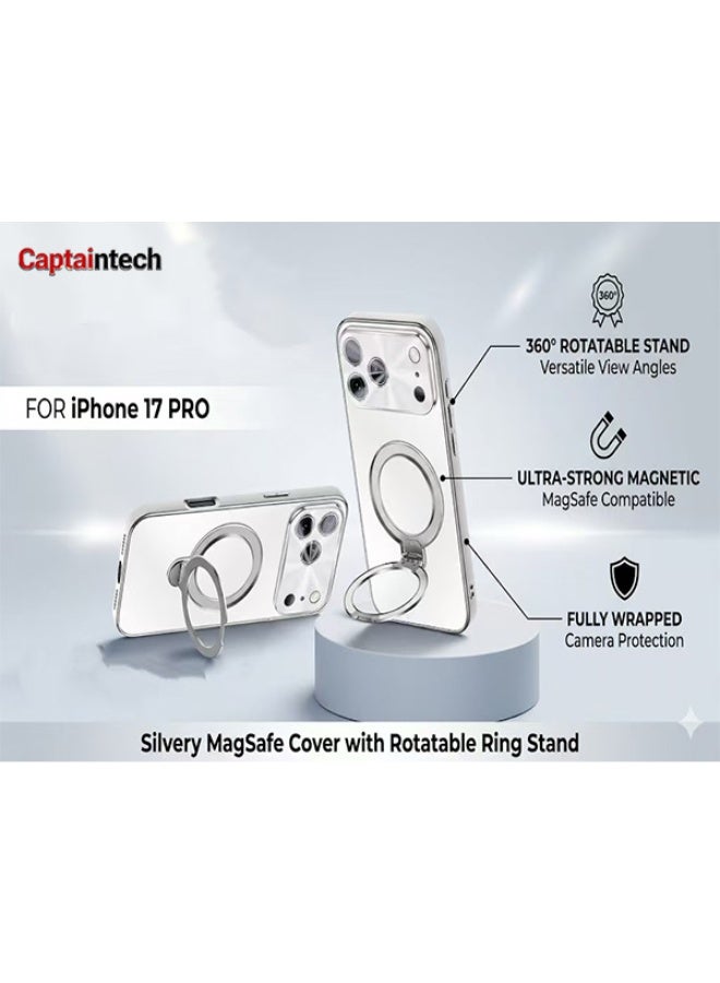 Captaintech iPhone 17 Pro MagSafe Case – Elegant silvery Cover with 360° Rotatable Hinge Stand, Full Camera Protection - Image 1