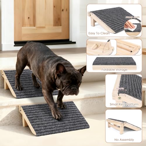 KISIMUY 2 Pack Dog Ramp for Stairs - Foldable Wood Dog Stair Ramp with Non-Slip Carpet Surface, Portable Pet Steps for Stairs, Threshold- Assist Small Dog, Senior and Injured Dogs, Easy Store (Pet Safe) - Image 2