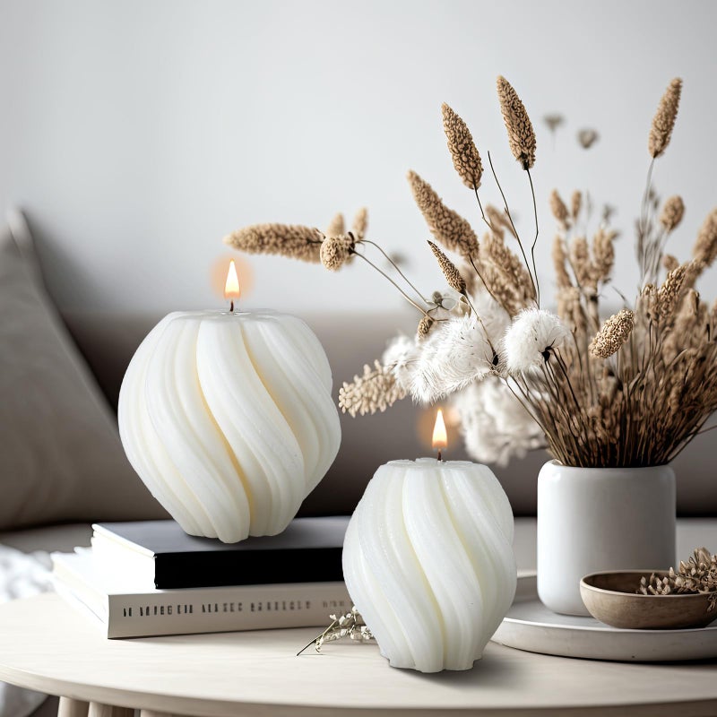 MTLEE 2 Pcs Spiral Swirl Candle Large Aesthetic Pillar Scented Soy Wax Twirl Elegant Decorative Candles Beautiful Housewarming Gift for Home Room Bedroom Shelf Decor(White) - Image 5