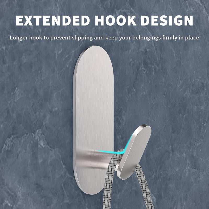 WZRUA Adhesive Towel Hooks for Bathrooms 4 Pack Brushed Nickel Stainless Steel and Zinc Alloy Sticky Wall Hooks for Hanging Heavy Duty Self Adhesive Robe Shower Hanger for Kitchen, Closet, Cabinet, Door - Image 5