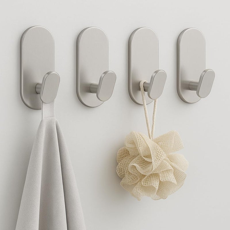 WZRUA Adhesive Towel Hooks for Bathrooms 4 Pack Brushed Nickel Stainless Steel and Zinc Alloy Sticky Wall Hooks for Hanging Heavy Duty Self Adhesive Robe Shower Hanger for Kitchen, Closet, Cabinet, Door - Image 2