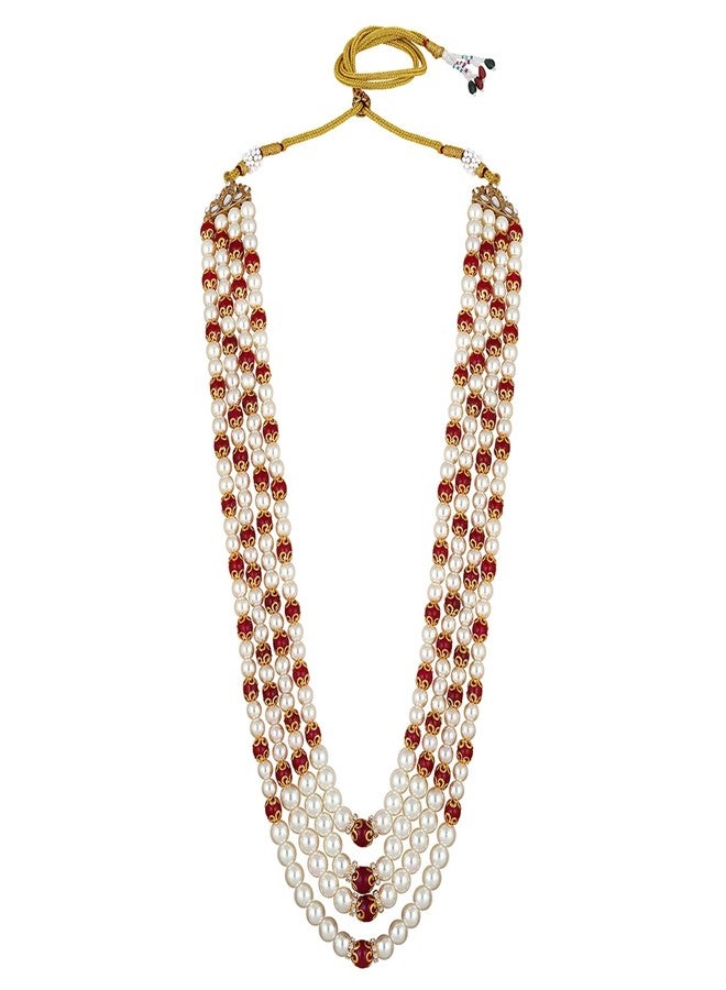 Mahi 4 Layers Red and White Artificial Beads Base Groom/Dulha Mala Moti Haar Necklace for Men (ML1108109GRed) - Image 3