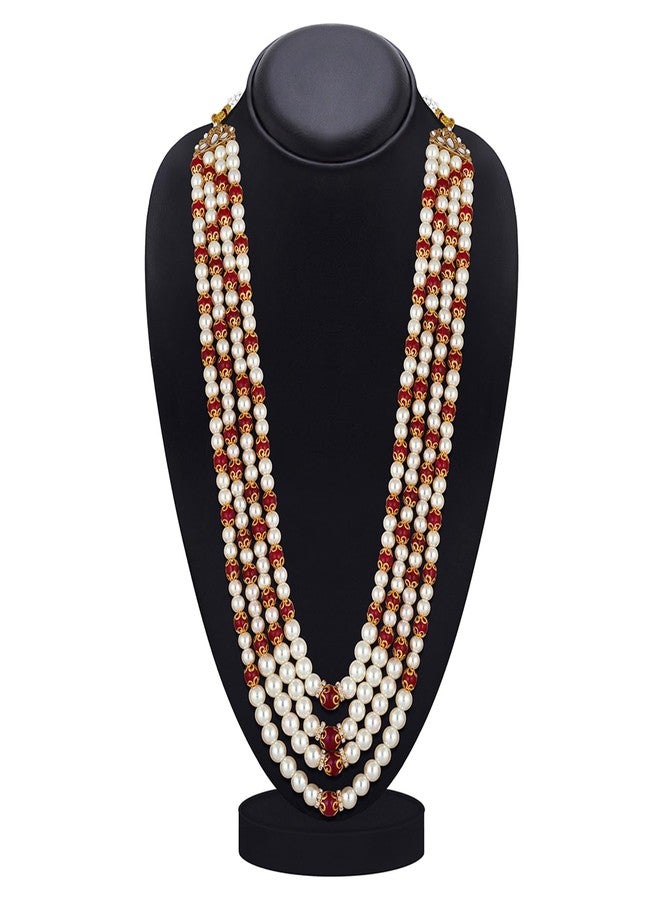Mahi 4 Layers Red and White Artificial Beads Base Groom/Dulha Mala Moti Haar Necklace for Men (ML1108109GRed) - Image 2