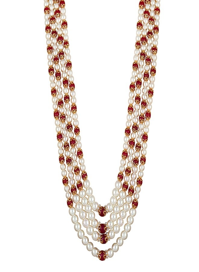 Mahi 4 Layers Red and White Artificial Beads Base Groom/Dulha Mala Moti Haar Necklace for Men (ML1108109GRed) - Image 1