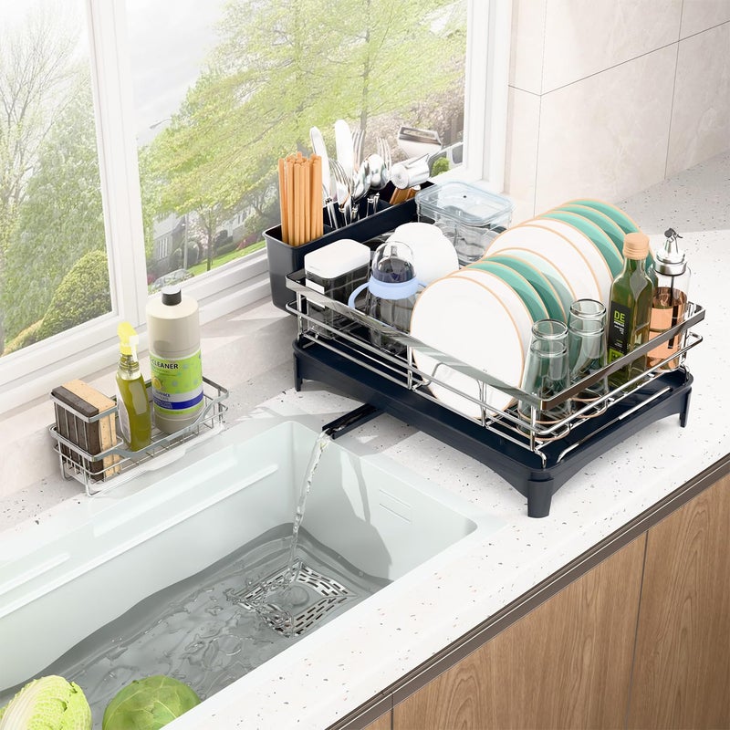Azevix Dish Drying Rack, 304 Stainless Steel Dish Racks for Kitchen Counter with Cutlery Holder & Sponge Holder, Large Dish Drainer with Removable Drainboard, 11.8''W x 16.7''L (Stainless Steel) - Image 4