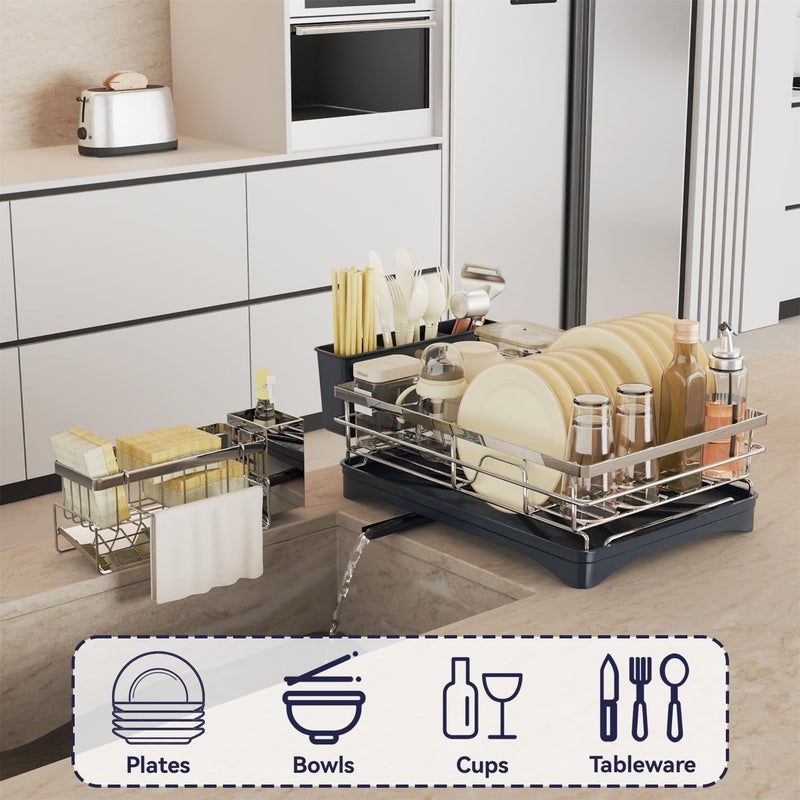 Azevix Dish Drying Rack, 304 Stainless Steel Dish Racks for Kitchen Counter with Cutlery Holder & Sponge Holder, Large Dish Drainer with Removable Drainboard, 11.8''W x 16.7''L (Stainless Steel) - Image 2