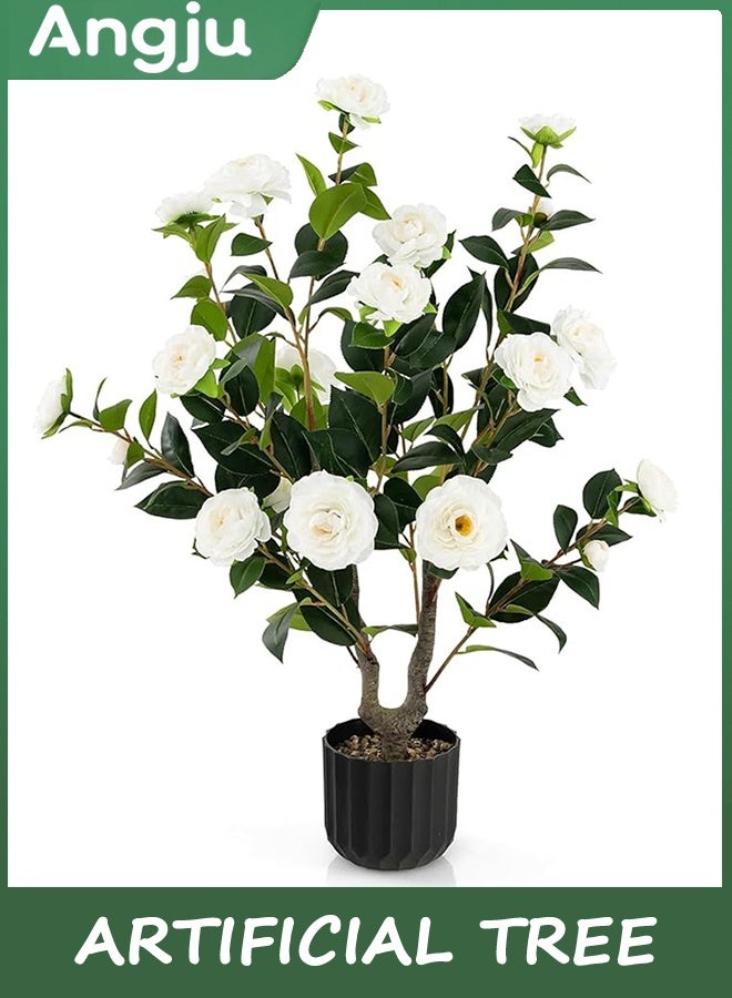 انججو شجرة اصطناعية، النباتات الزهرية شجرة الكاميليا الاصطناعية، النبات الزهري الزهري الزهري الشجرة في وعاء الأسمنت، الخضراء وعاء النبات للمكتب الداخلي في الهواء الطلق ديكور الشرفة المنزلية 90 سم - Image 1