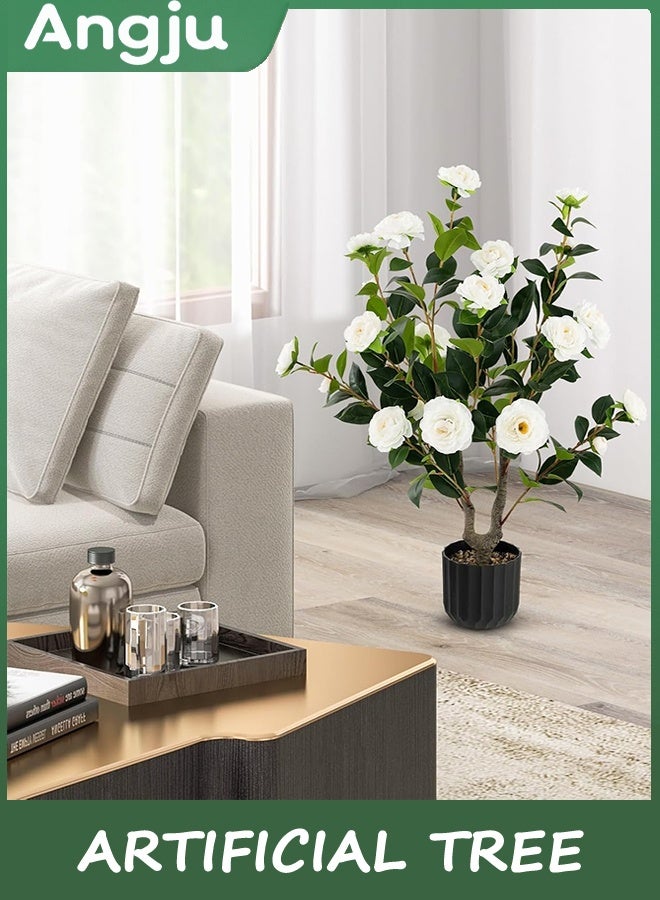 انججو شجرة اصطناعية، النباتات الزهرية شجرة الكاميليا الاصطناعية، النبات الزهري الزهري الزهري الشجرة في وعاء الأسمنت، الخضراء وعاء النبات للمكتب الداخلي في الهواء الطلق ديكور الشرفة المنزلية 90 سم - Image 2