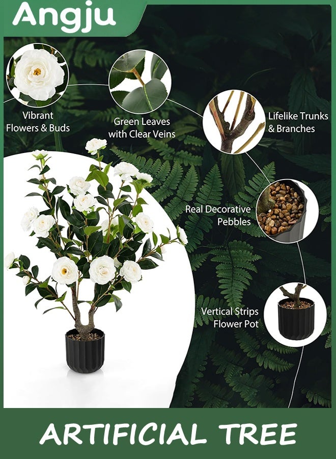 انججو شجرة اصطناعية، النباتات الزهرية شجرة الكاميليا الاصطناعية، النبات الزهري الزهري الزهري الشجرة في وعاء الأسمنت، الخضراء وعاء النبات للمكتب الداخلي في الهواء الطلق ديكور الشرفة المنزلية 90 سم - Image 3