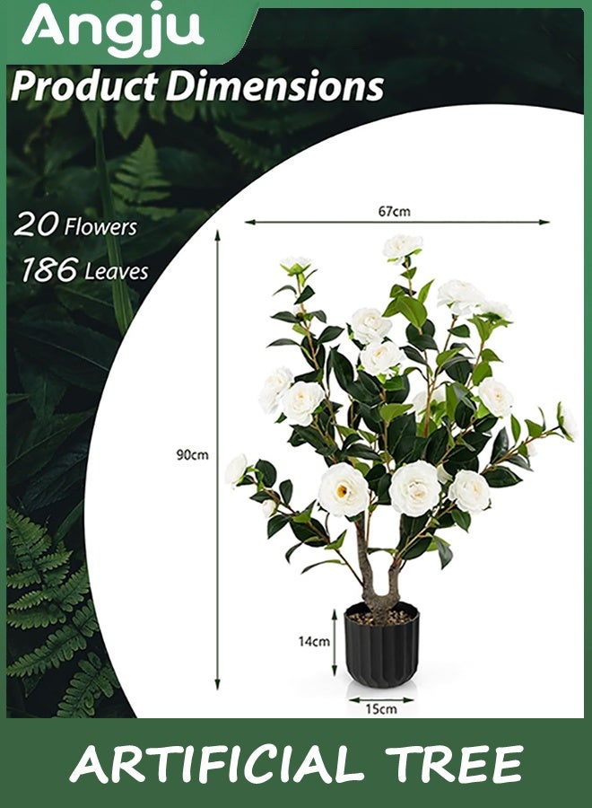 انججو شجرة اصطناعية، النباتات الزهرية شجرة الكاميليا الاصطناعية، النبات الزهري الزهري الزهري الشجرة في وعاء الأسمنت، الخضراء وعاء النبات للمكتب الداخلي في الهواء الطلق ديكور الشرفة المنزلية 90 سم - Image 4